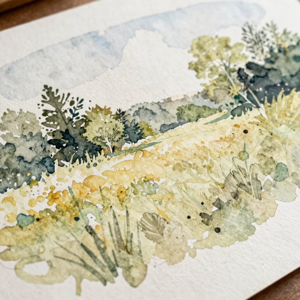 Close-up editorial photograph of a finished watercolor painting o